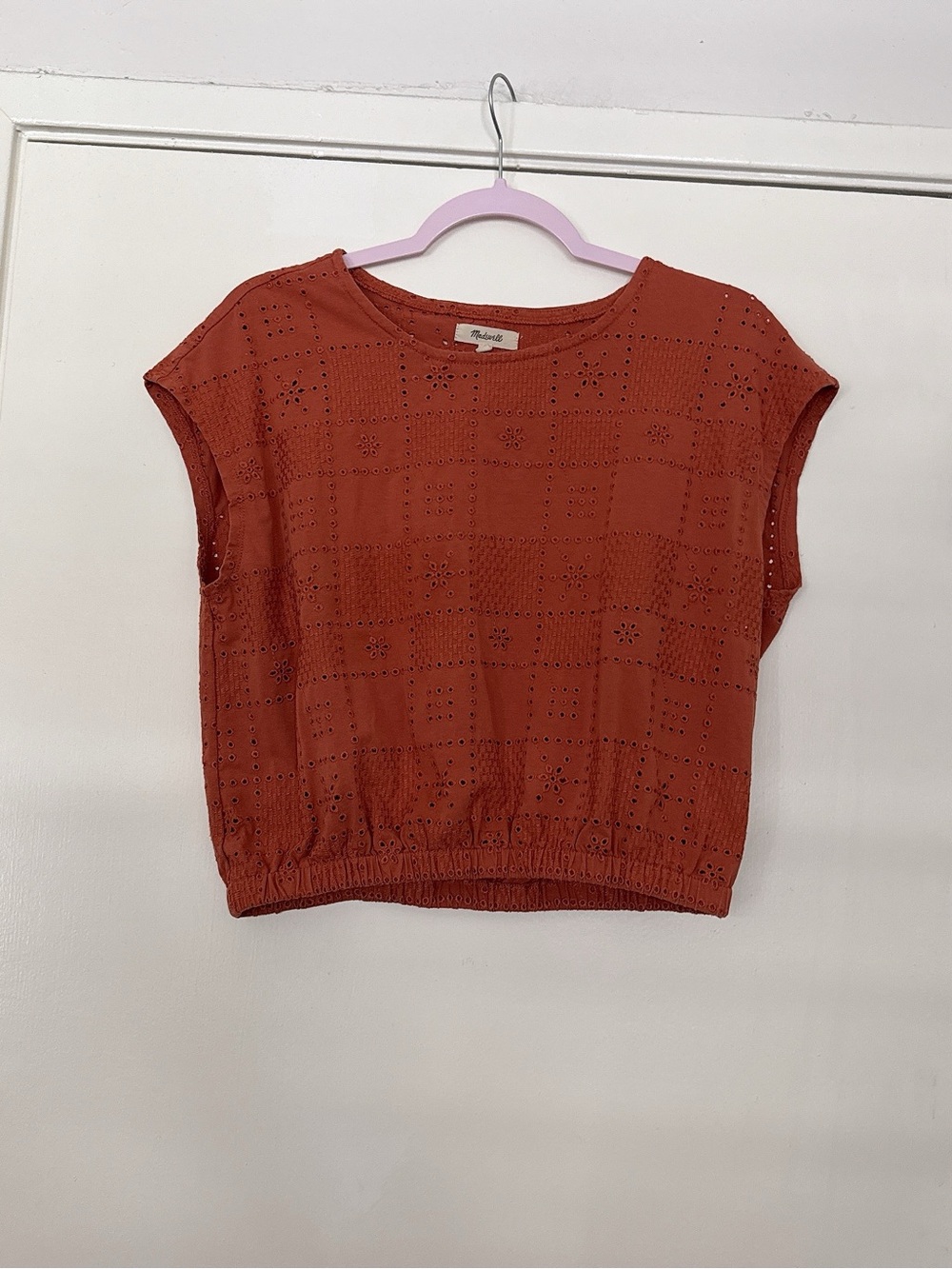 Madewell Rust Eyelet Cropped Cap-Sleeve Top